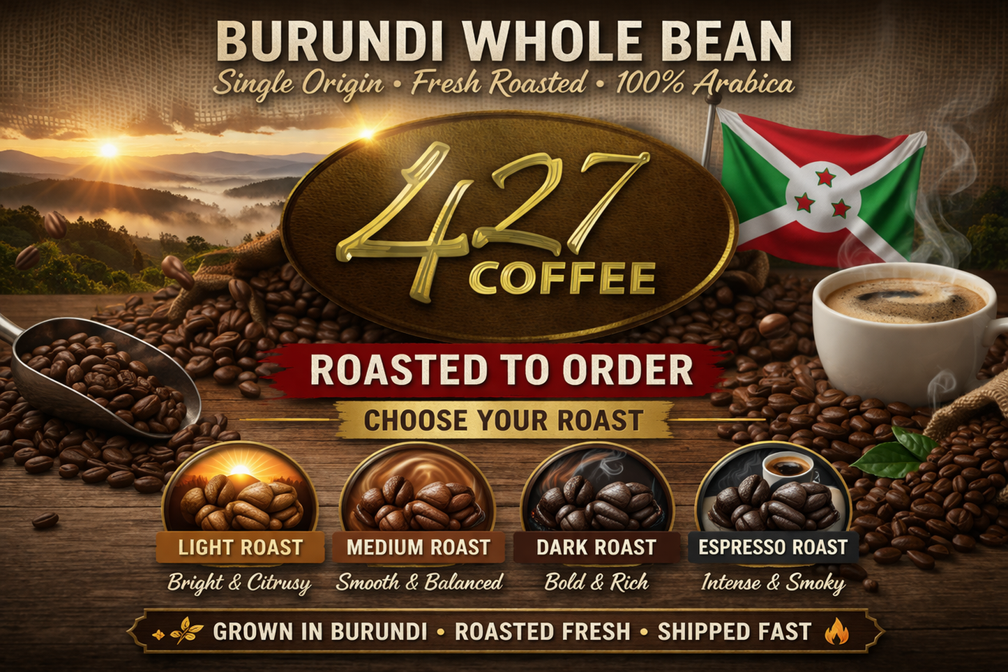 Burundi Medium Roast Whole Bean — Smooth, Chocolatey, Everyday Coffee
