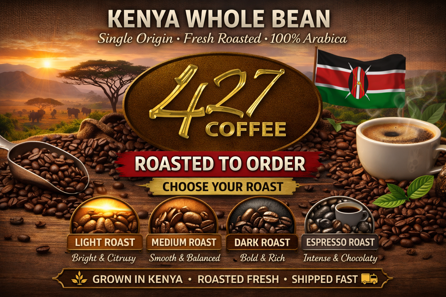 Kenya Medium Roast Whole Bean — Smooth, Bright & Fruity
